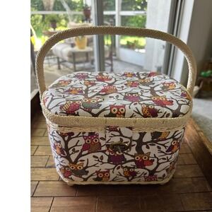 Michley Sewing Basket w/contents shown.  Storage Tray Included Owl Theme EUC